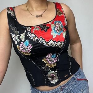 SOLD Roberto Cavalli Spring/Summer 2003 Floral Chinoiserie Corset Style Tank Top